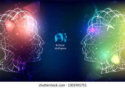 Vector illustration of human face made by tiny particles between glowing digital network for Artificial Intelligence (AI) deep learning concept. Great for poster and website banner.