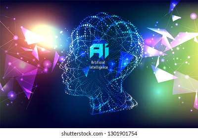 Vector illustration of human face made by tiny particles between glowing digital network for Artificial Intelligence (AI) deep learning concept. Great for poster and website banner.