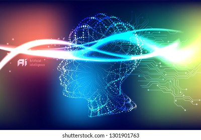 Vector illustration of human face made by tiny particles between glowing digital network for Artificial Intelligence (AI) deep learning concept. Great for poster and website banner.