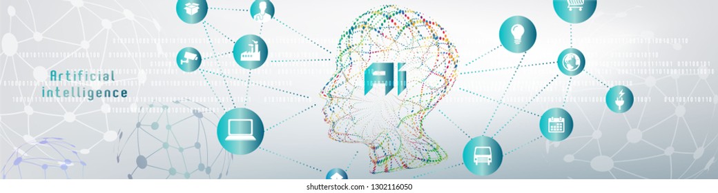 Vector illustration of human face made by tiny particles between glowing digital network for Artificial Intelligence (AI) deep learning concept.