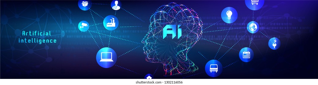 Vector illustration of human face made by tiny particles between glowing digital network for Artificial Intelligence (AI) deep learning concept.