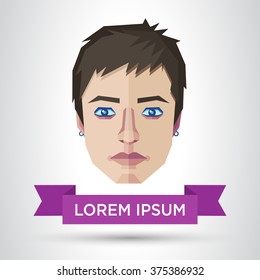 Vector illustration of a human face in polygonal style and a ribbon.