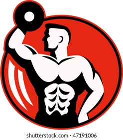 vector illustration of human figure body builder lifting a dumbbell set inside a circle.