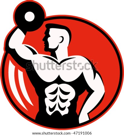 vector illustration of human figure body builder lifting a dumbbell set inside a circle.