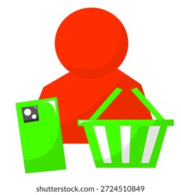 A vector illustration of a human figure holding a shopping basket and smartphone, representing consumer activity. Suitable for customer, e-commerce, and shopping behavior concepts.
