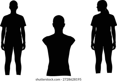 Ilustración vectorial de la figura humana conjunto de iconos con tres siluetas en la postura de caminar frontal y lateral