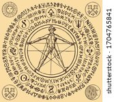 Vector illustration with a human figure like Vitruvian man by Leonardo Da Vinci and alchemical symbols. Hand-drawn banner with esoteric signs and magic runes written in a circle in retro style