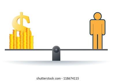 Vector illustration of a human figure on a scale with heaps of gold dollar coins.