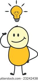 Vector illustration of a human figure stick figure with a light bulb. Idea and discovery concept.