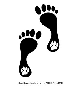 Vector illustration of a human foot with dog foot on a white background.