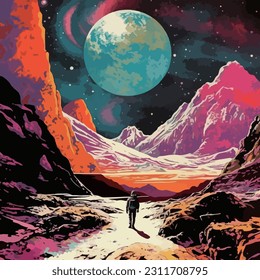 vector illustration of human go adventure on mystery planet looking at the wonders of cosmos. Beautiful planet landscape in pop art style.