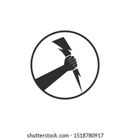Vector illustration of a human hand in circle holding a lightning flash or thunder bolt symbol.