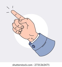 Ilustración vectorial de la mano humana con un dedo índice extendido apuntando hacia arriba, simbolizando la atención, instrucción, idea o dirección. Estilo de contorno plano con colores suaves.
