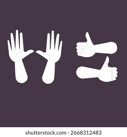 "Vector illustration of human hand and foot silhouettes. Set of palm, thumbs up gesture, and footprints icons isolated on dark background."