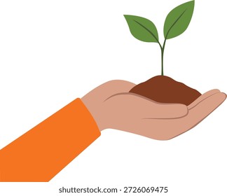 Ilustración vectorial de una mano humana sosteniendo suavemente la tierra con una Pequeña planta germinada, que representa el crecimiento y el cuidado.	