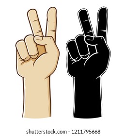 Vector illustration of human hand gesture making number two or peace sign, isolated on white background