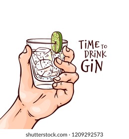 Vector illustration of human hand with gin and tonic cocktail in glass with ice cubes and slice of lime in sketch style - hand drawn alcohol drink and sign isolated on white background.