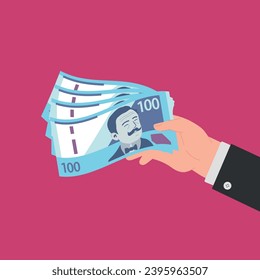 Vector Illustration of Human Hand Giving 100 Peruvian Soles. Pay for something. Hand holds banknotes. Monetary investments. Give money.