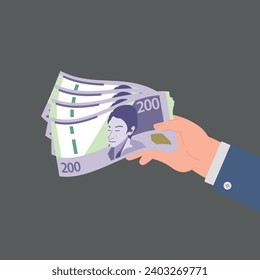 Vector illustration of Human hand giving 200 Peruvian soles. New 200 Peruvian soles. Pay for something. Hand holds banknotes. Monetary investments.