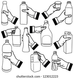 Vector illustration of human hand holding bottle.
