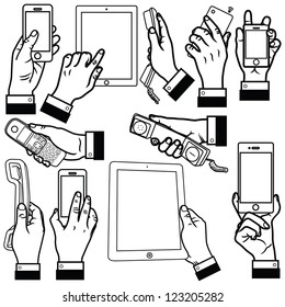 Vector illustration of human hand holding smart phone, office phone and tablet computer set.