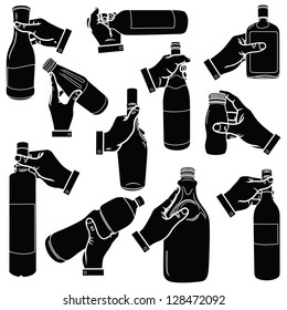 Vector Illustration Of Human Hand Holding Bottle.