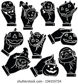 Vector illustration of human hand holding halloween pumpkin.