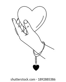 Vector illustration of human hand holding big heart. Hand drawn line art. Holiday valentine's day greeting card. Feminine save the date design element. Love symbol. Woman arm with bracelet