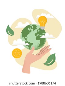Vector illustration of human hand holding Earth globe, Recycle icon, light bulb, leaves and clouds. Concept of World Environment Day, Save the Earth, sustainability, ecological zero waste lifestyle