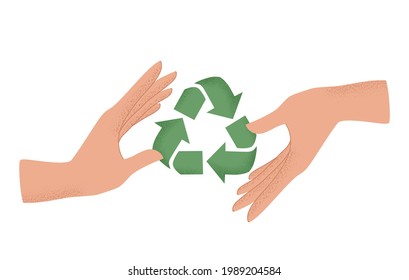 Vector illustration of human hand holding Recycle symbol. Concept of World Environment Day, Save the Earth, sustainability, ecological zero waste lifestyle, nature protection
