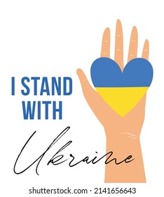 Ilustración vectorial de la mano humana sosteniendo la bandera en forma de corazón azul y amarillo de Ucrania con mi apoyo a Ucrania con letras aisladas en fondo blanco 