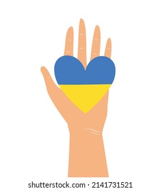 Vector illustration of human hand holding Blue and Yellow heart shaped flag of Ukraine. Stop War concept isolated on white background. 
