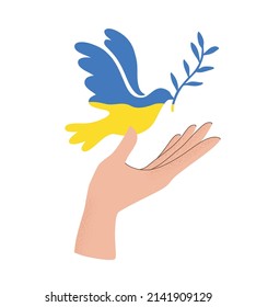 Vector illustration of human hand holding Blue and Yellow flying bird dove as a symbol of peace. Stop War concept isolated on white background. 