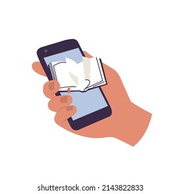 Vector illustration human hand holding phone with open book on screen. Concept of educational and entertainment literature on smartphone