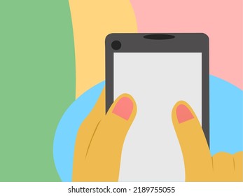 Ilustración vectorial de la mano humana sosteniendo un smartphone. Pantalla en blanco del teléfono móvil. Para el concepto de negocios o tecnología. 