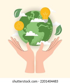 Vector illustration of human hand holding Earth globe, Recycle icon, light bulb, leaves and clouds. Concept of World Environment Day, Save the Earth, sustainability, ecological zero waste lifestyle