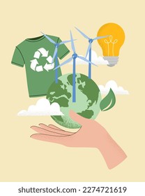 Vector illustration of human hand holding Earth globe, wind power plant, light bulb, recycling t-shirt, Reduce, reuse, recycle symbol. Concept of World Environment Day, Save the Earth, sustainability