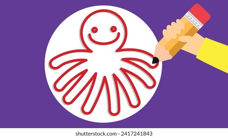 Vector illustration of a human hand holding a pencil and a cartoon octopus