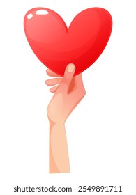 Ilustración vectorial de una mano humana sosteniendo un corazón rosa sobre un fondo blanco. Día de San Valentín, día del amor, romance. Símbolo de la caridad, el voluntariado y la asistencia pública - la mano dando un corazón.