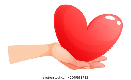 Ilustración vectorial de una mano humana sosteniendo un corazón rosa sobre un fondo blanco. Día de San Valentín, día del amor, romance. Símbolo de la caridad, el voluntariado y la asistencia pública - la mano dando un corazón.