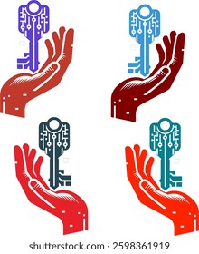A vector illustration of a human hand holding a digital key, representing cybersecurity, data protection, encryption, and access control. Ideal for technology, finance, blockchain, and online security