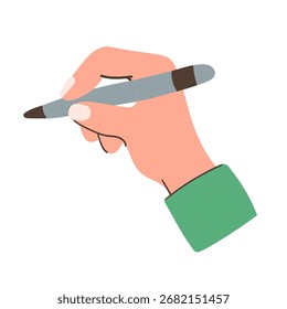 Ilustración vectorial de la mano humana que sostiene la pluma, aislada en el fondo blanco. Concepto de escritura y dibujo. Diseño plano de doodle dibujado a mano. 