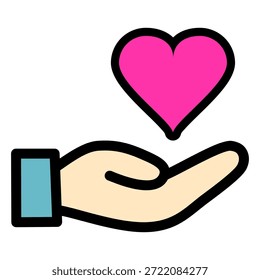 Ilustração vetorial de uma mão humana segurando um coração rosa flutuante, estilo de desenho animado plano com contornos pretos arrojados, conceito para cuidado, amor, caridade, apoio, saúde e romance, isolado no fundo branco para web e design gráfico.