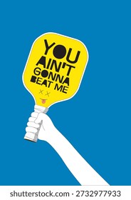 Vector illustration of a human hand holding a pickleball paddle racket with a sample quote text on the paddle board.