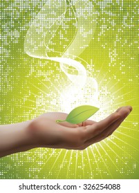 Vector illustration of human hand holding a green leaf