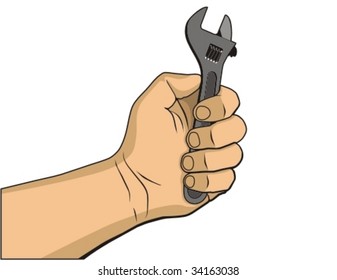 Vector illustration. Human hand holding wrench.