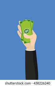 vector illustration of human hand holding money dollar banknote