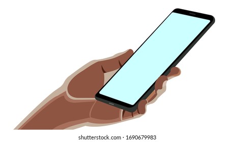 Vektorillustration Illustration menschliche Hand hält ein modernes Smartphone auf weißem Hintergrund. Technologie- und Werbekonzept. Kommunikation und Geschäftszeichen.