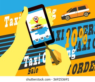 vector illustration of a human hand with a mobile phone and the Internet to call a taxi