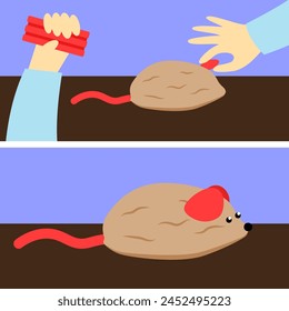 Ilustración vectorial de una mano humana moldeando un ratón de plastilina.